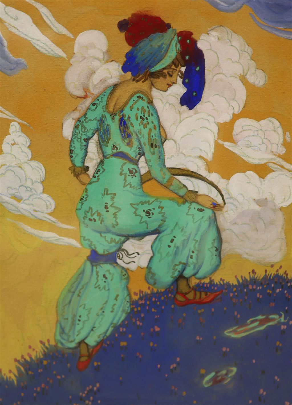 Manner of Leon Bakst (1866-1924), mixed media, Harlequin and companion, 30 x 23cm